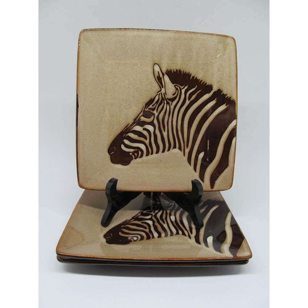 Tabletops Gallery Zebra Set Of 3 Square Animal Print 8 1/2" Salad Plates EUC